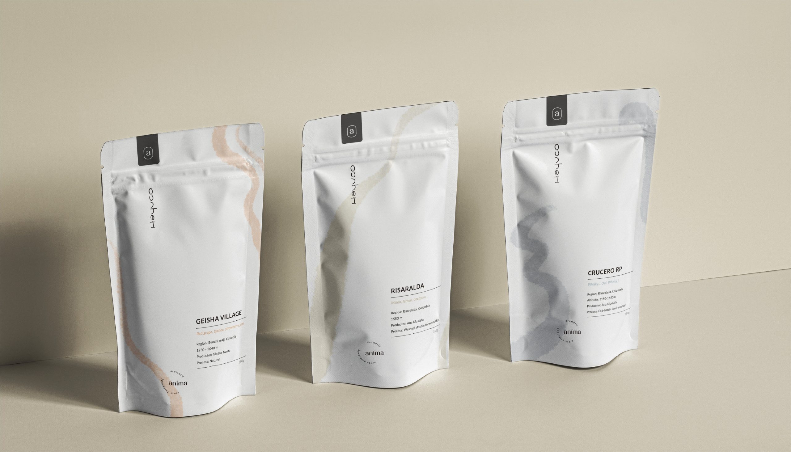 packaging design of coffee pouches for the brand identity of anima, by swiss graphic design studio in lausanne