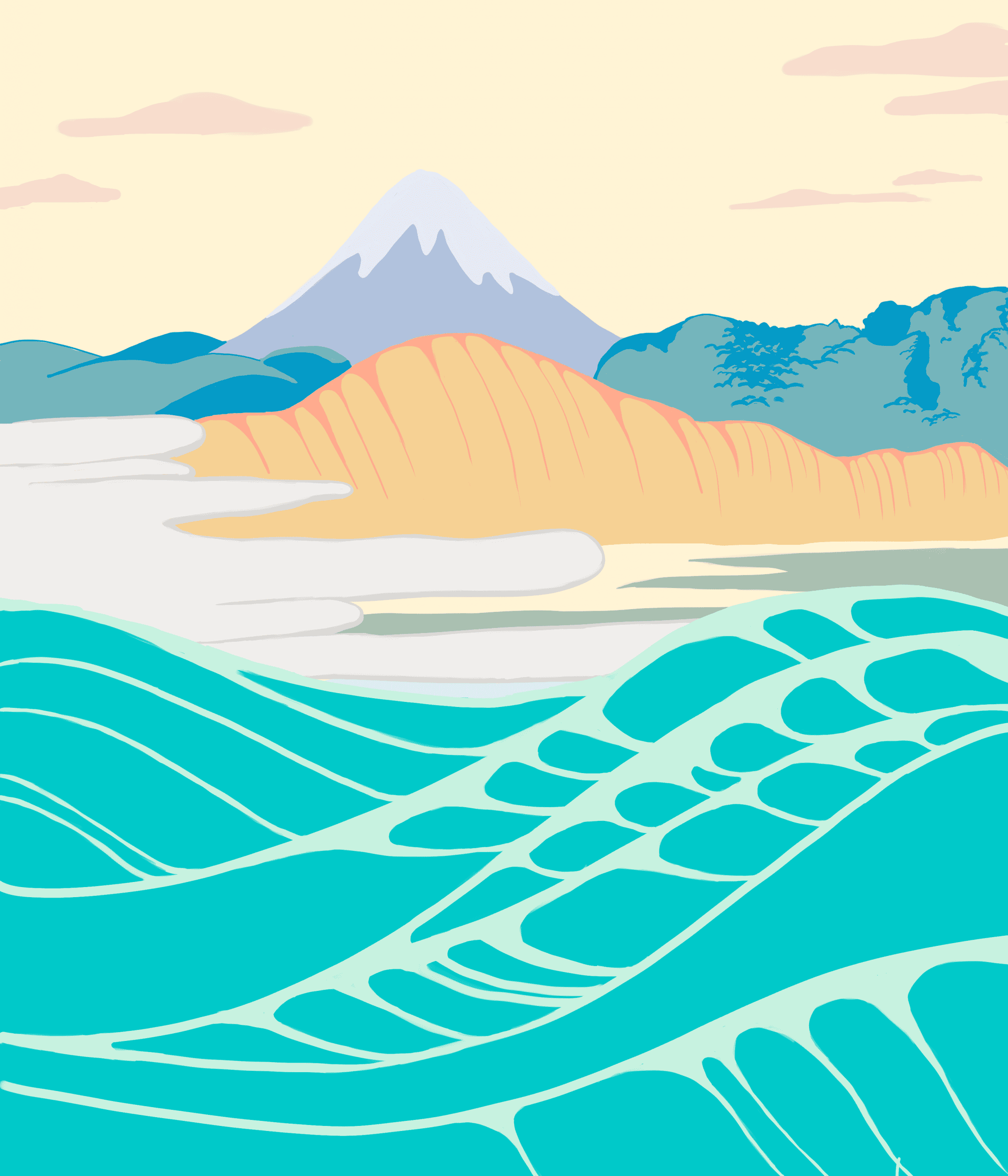 japanese illustration in pastel colors, inspired by hokusai. Drawn by studio nuwa in switzerland