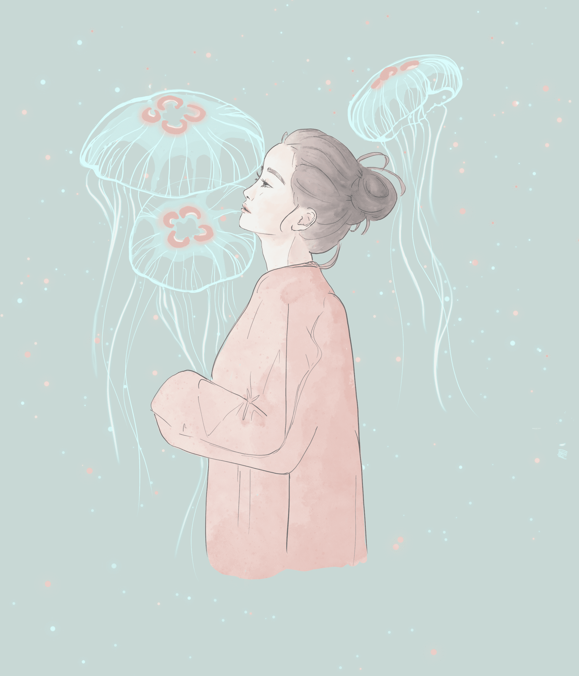 soft and beautiful creative illustration of a girl dreaming, with jellyfishes around, in pastel colors. By graphic designer in Lausanne