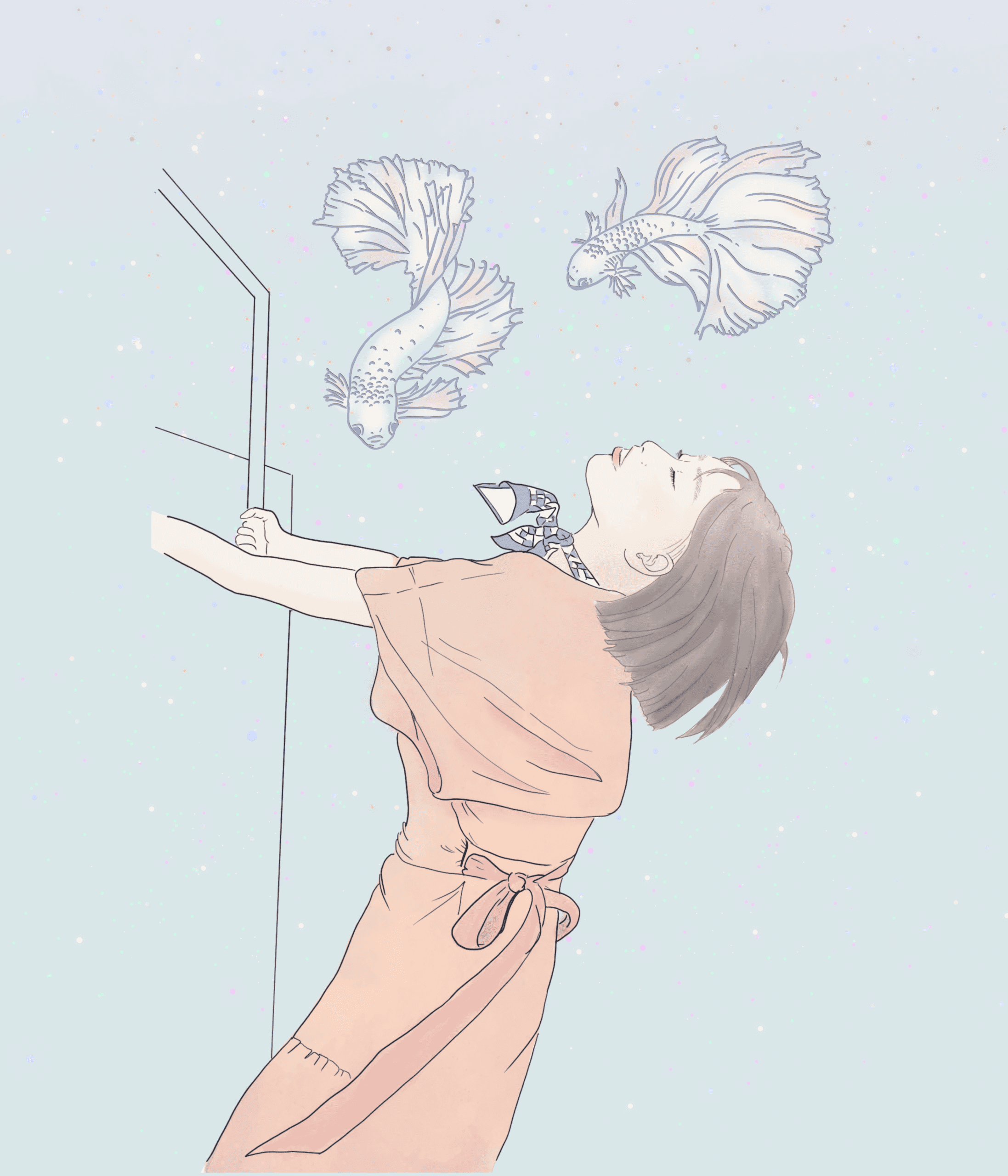 soft and beautiful illustration of a girl dreaming, with fishes floating around, in pastel colors. By graphic designer in Lausanne