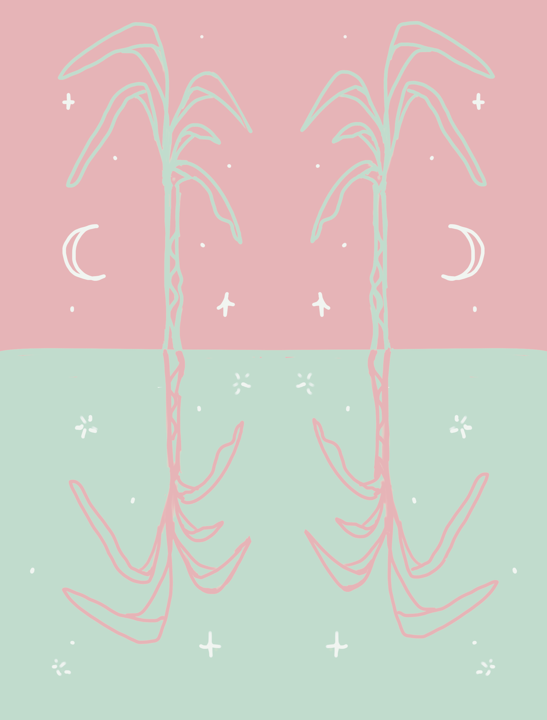 minimalistic illustration of palm trees in pink and geen pastel colors, whimsical style