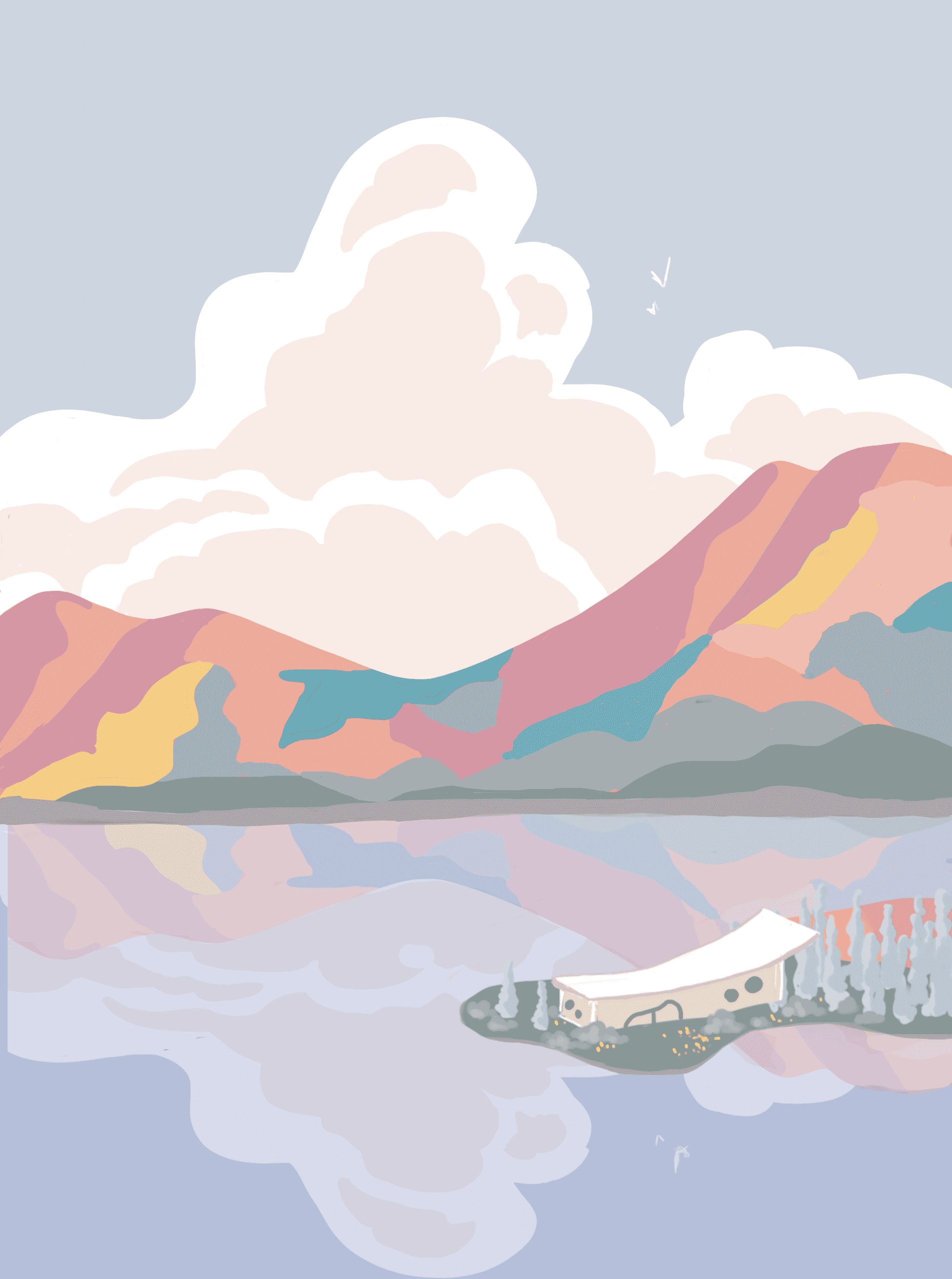 Colorful and abstract illustration of mountain and imaginary scene, for children book. by graphic studio in Lausanne, switzerland