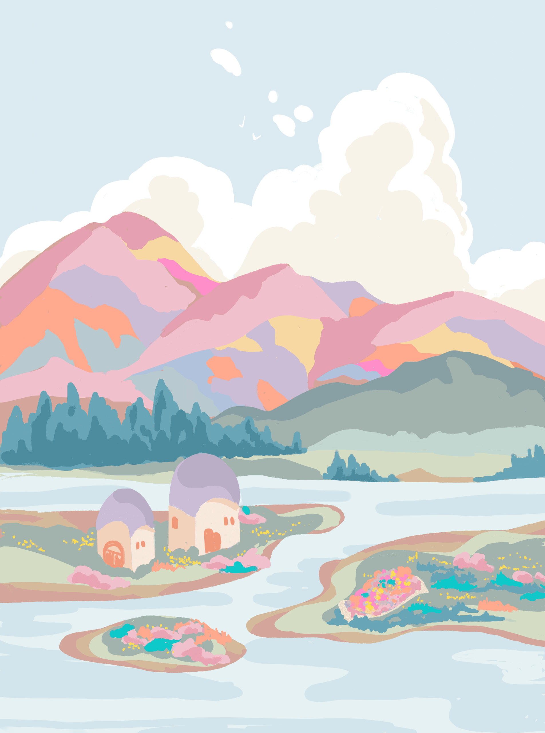 Colorful, vibrant illustration of mountain and imaginary scene, for children book. by graphic studio in Lausanne, switzerland