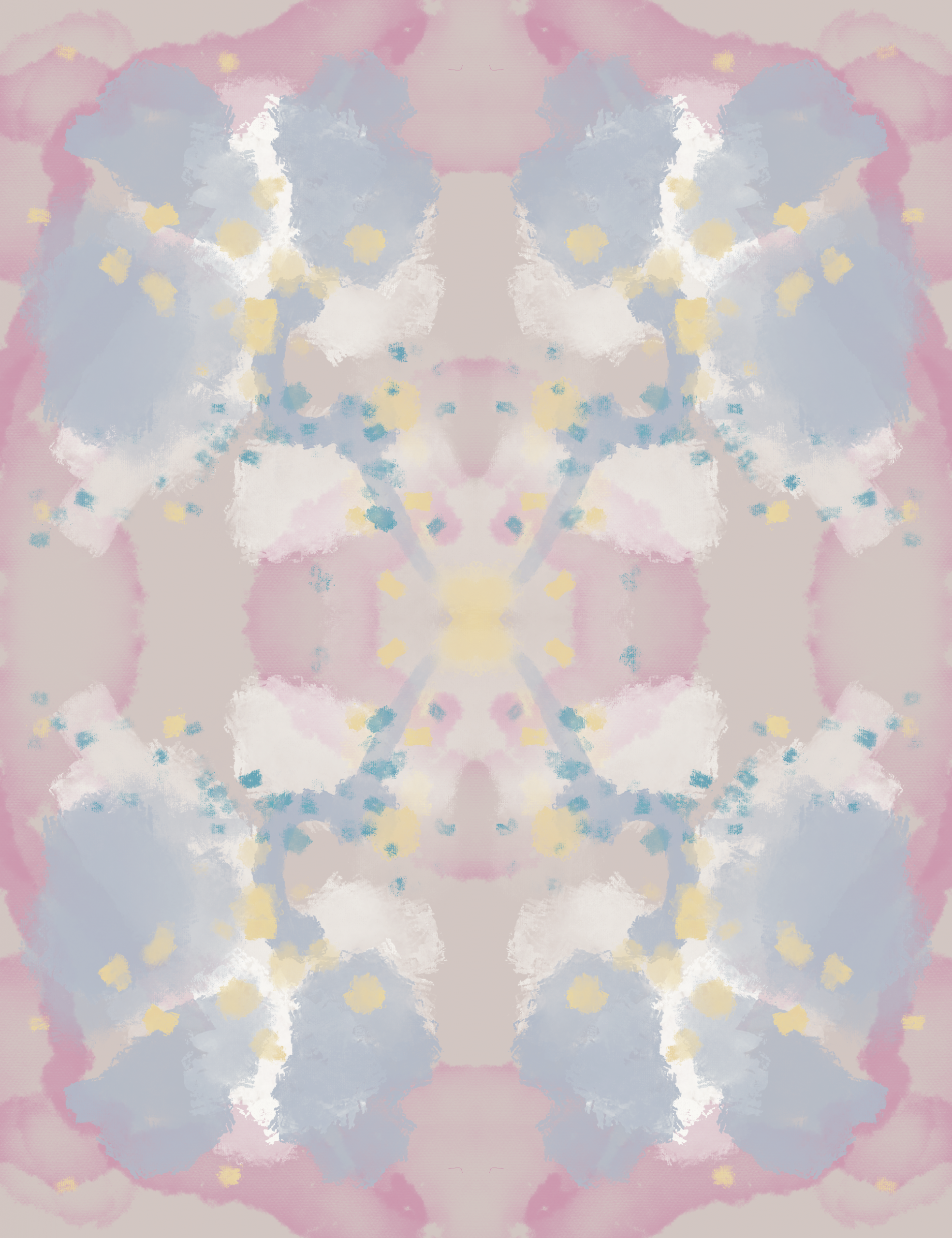 illustration abstraite et symetrique dans des tons pastels rose, bleu et jaune.