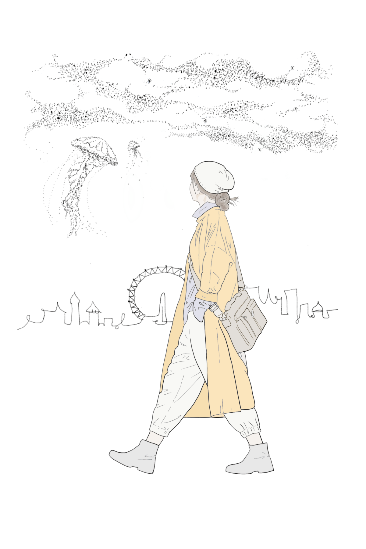 illustration of a girl walking in the city and looking at night sky with sea creatures- minimalist and imaginary style