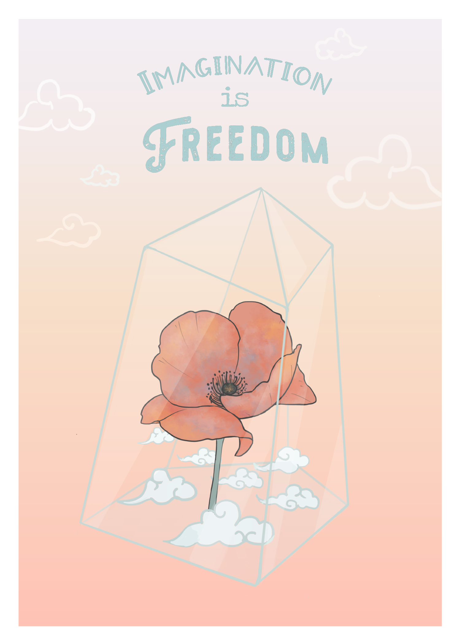 imagination is freedom - illustration of a poppy flower floating in a transparent glass
