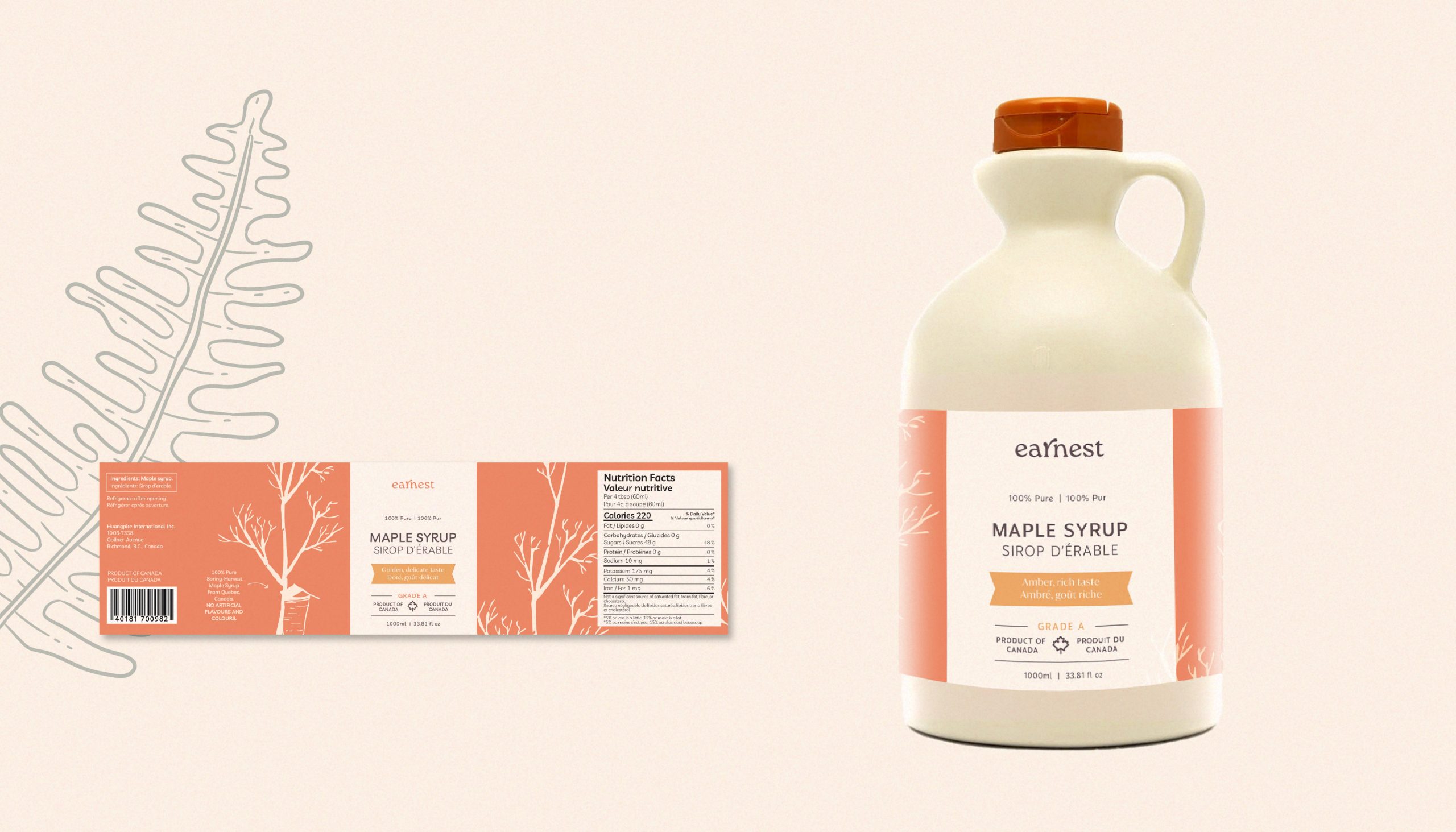 Design d'emballage pour une bouteille de sirop d'érable, dans un style élégant et minimaliste. Réalisé par un studio de graphisme à Lausanne, en Suisse.