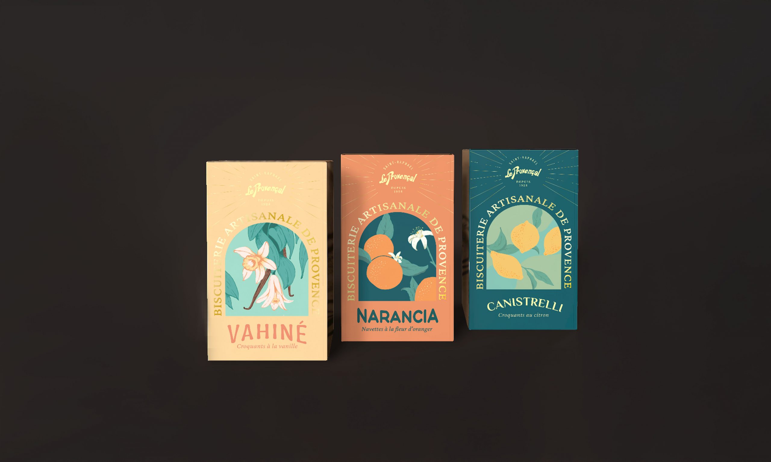packaging design for an artisanal biscuit company, in a colorful and elegant but retro style, by a swiss graphic design studio in lausanne